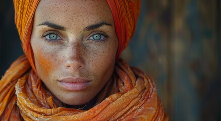A spirited woman with a sprinkling of freckles adorns her face with an orange scarf, adding a touch of vibrancy to her already captivating portrait - obrazy, fototapety, plakaty