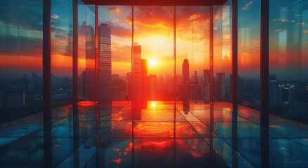 As the sun sets behind the towering skyscrapers, the glass room offers a breathtaking reflection of the bustling cityscape, capturing the beauty of both sunrise and sunset in one mesmerizing view