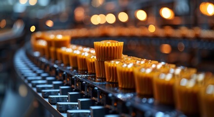The warm glow of candlelight flickers against the lined row of orange cups on the indoor conveyor belt, creating a mesmerizing display