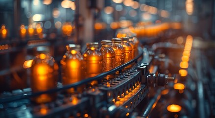 A mesmerizing sight of glowing amber bottles cascading down a dark conveyor belt, silently reflecting the city's restless energy within the walls of an industrial warehouse