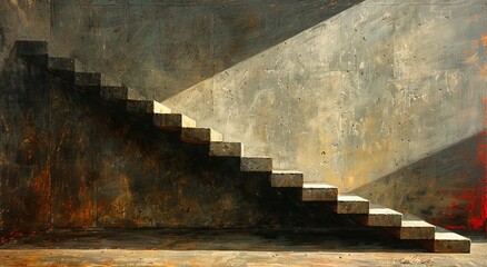 A beautiful abstract painting adorns the walls of a dimly lit room, as a set of stairs leads to...