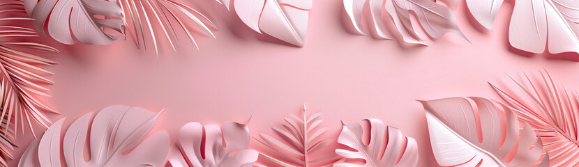 pastel pink paper tropical leaves - 744289129