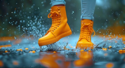 Amidst a dreary day, a vibrant soul dons their trusty yellow boots and gleefully leaps into a murky puddle, relishing the joy of embracing the outdoors and the playful spirit within - obrazy, fototapety, plakaty