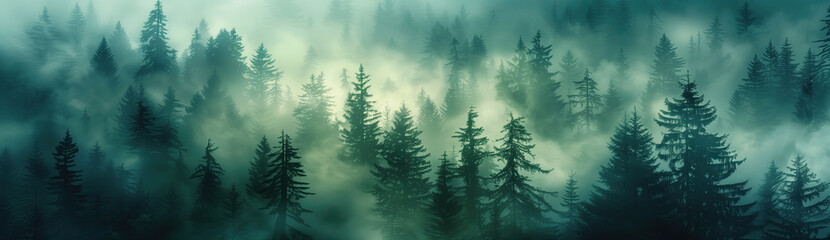 Misty landscape with fir forest - 744289163