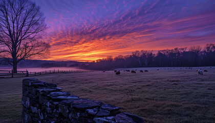 A early morning scene with sheep grazing in a frosty pasture as a vibrant sunrise with purple and orange hues lights up the sky, casting silhouettes of trees and a stone fence