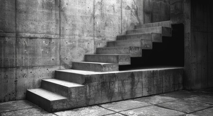 A monochromatic staircase in a concrete building showcases symmetrical steps against a stone wall, inviting you to climb higher and explore the unknown