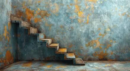The rusty stairs lead to a painted wall, where the lone figure stands in contemplation, creating a masterpiece of emotions with each stroke of their brush - obrazy, fototapety, plakaty