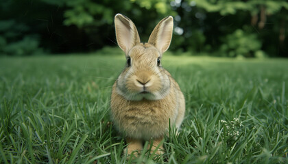Fototapeta premium A cute, fluffy rabbit with upright ears and soft brown fur sits attentively in the grass, looking directly at the camera