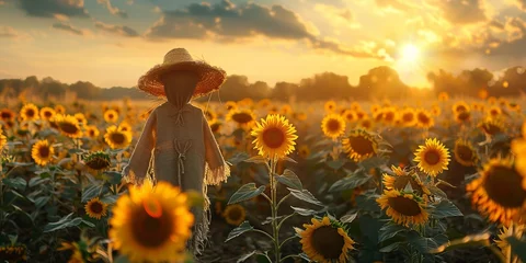 Fototapeten Golden hour serenity, a lone scarecrow overseeing sunflower fields, pastoral calmness © maniacvector