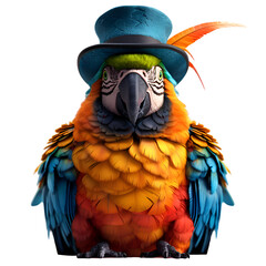 A vibrant 3D cartoon render of a colorful parrot donning a fancy top hat.