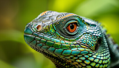 Fototapeta premium A close-up of a vibrantly colored iguana, showcasing its detailed scales and piercing orange eye against a blurred green background