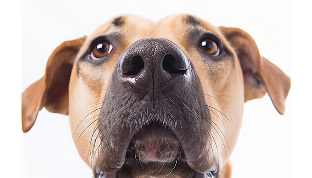 A close-up image of a dog's face with a focus on its large, sniffing nose and soulful eyes against a white background