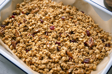 homemade granola in iron pan
