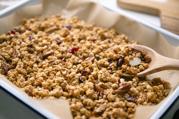 homemade granola in iron pan