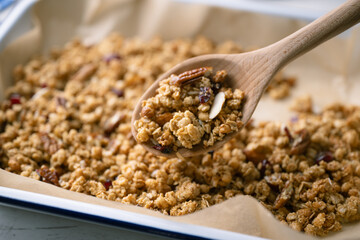 homemade granola in iron pan