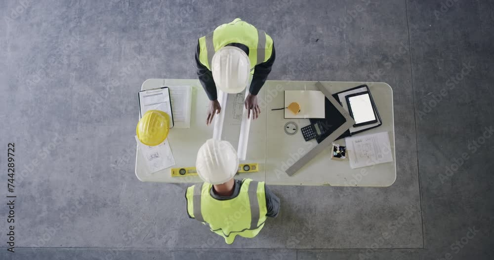 Poster above, tablet and engineers for meeting on table, safety gear and handshake for calculations of buil