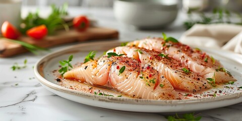 Pangasius fillets seasoned with fresh herbs and spices ready for a healthy meal - obrazy, fototapety, plakaty
