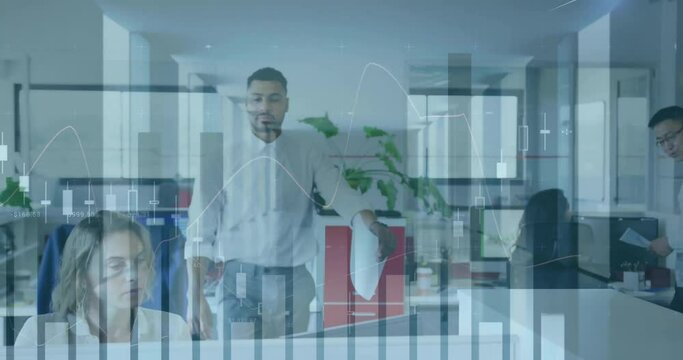 Animation of data processing over diverse business people working in office
