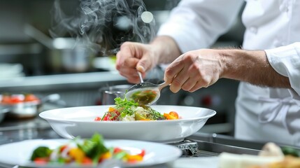 Obraz na płótnie Canvas gourmet dish being prepared in a high-end restaurant kitchen