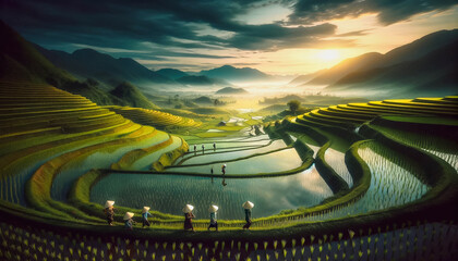 Rice field in Vietnam, capturing the lush green terraces intricately carved into the landscape.