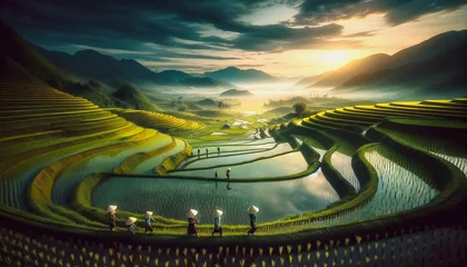 Fotobehang Rice field in Vietnam, capturing the lush green terraces intricately carved into the landscape. © Hanna Tor