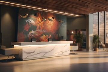 Receptionist desk lobby service. Welcome indoor counter. Generate ai