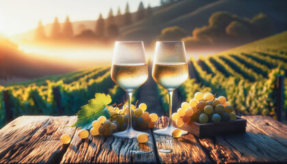 Serene morning scene with two glasses of white wine on a rustic wooden table, set against the backdrop of vibrant California vineyards - obrazy, fototapety, plakaty