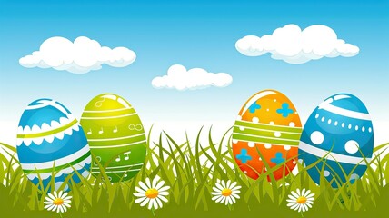 easter background for sunday service kids sunday shool simple grass with white flowe and easter eggs with bright sky