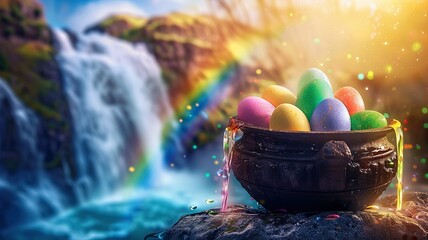 easter egg on the bowl with waterfall background happy easter - obrazy, fototapety, plakaty