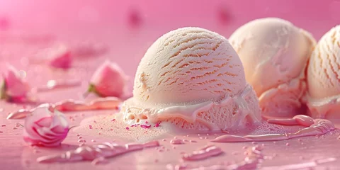 Schilderijen op glas Strawberry ice cream scoops in a dreamy pink dessert landscape © maniacvector