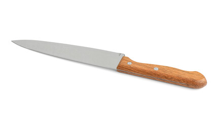 One sharp knife with wooden handle isolated on white