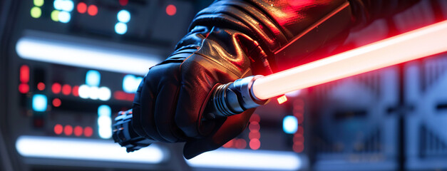Obraz premium Closeup on hand holding a laser sword, fantasy sword