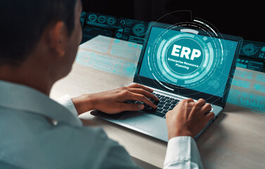 Enterprise Resource Management ERP software system for business resources plan presented in modern...