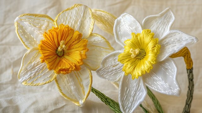Two beatutiful daffodils embroidery