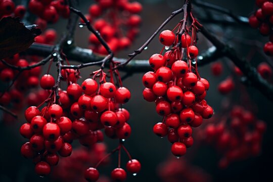 Red berries branch fall ripe. Small macro ash crimson. Generate Ai