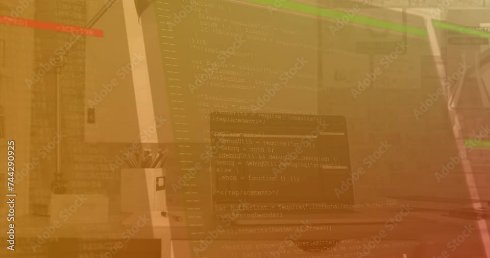 Poster animation of digital data processing over computer on office desk