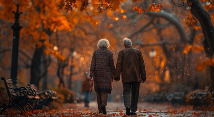 Amidst the vibrant autumn trees, a loving elderly couple walks hand in hand, their warm coats and jackets protecting them from the crisp winter air as they stroll down the leaf-covered path - obrazy, fototapety, plakaty