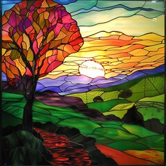 Stained glass landscape scene where heaven and earth converge in vibrant colors