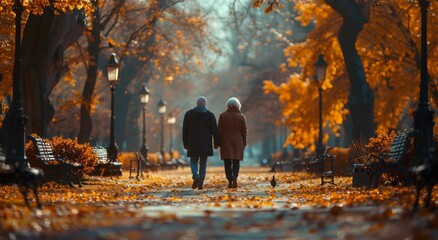 Amidst the autumn fog, two lovers stroll hand in hand through a leaf-strewn forest, their clothing...