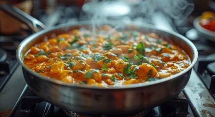 An aromatic blend of vegetables sizzling in a wok on the stove, creating a mouth-watering karahi dish in a traditional pot