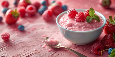 Delicious raspberry yogurt in a bowl surrounded by fresh berries and a golden spoon - obrazy, fototapety, plakaty