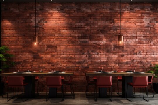 Fototapeta Red brick wall restaurant light. Wooden shop. Generate Ai