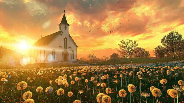 beautiful view of the church at sunset with beautiful flower displays. seamless looping time-lapse virtual 4k video Animation Background.