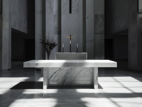Sleek minimalist marble altar in a cathedral of light and shadow
