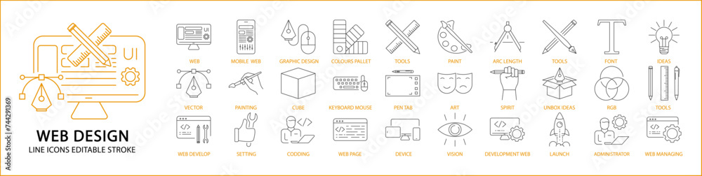 Wall mural web design icons. web design icon set. web design line icons. vector illustration. editable stroke.