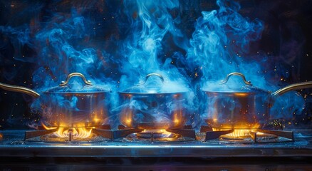 The pots danced on the fiery stove, their metallic forms a reflection of the raw power of nature's elements - obrazy, fototapety, plakaty