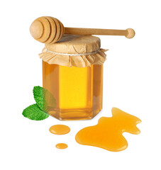 Natural honey in, mint leaves and wooden dipper on white background