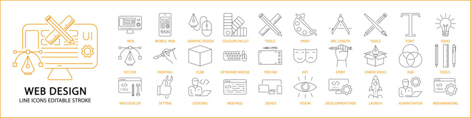 Web design icons. Web design icon set. Web design line icons. Vector illustration. Editable stroke.