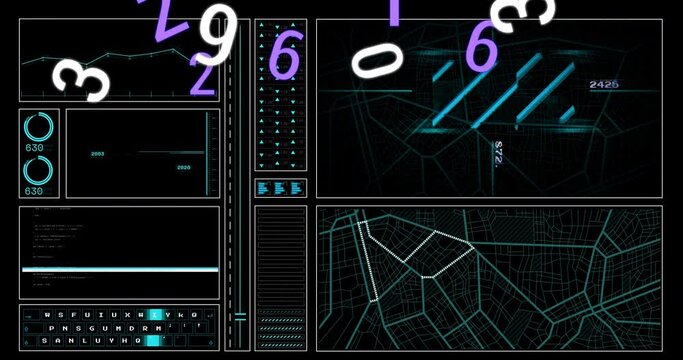 Animation of numbers and digital data processing over dark background