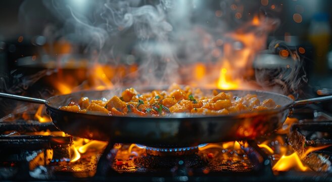 A sizzling wok dances over fiery coals, infusing succulent food with smoky flavors amidst the crackling heat and swirling ash